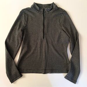 Me+Em Top Sz 10 Medium Black White Long Sleeve Zip Mock Neck Plaid Knit Stretch